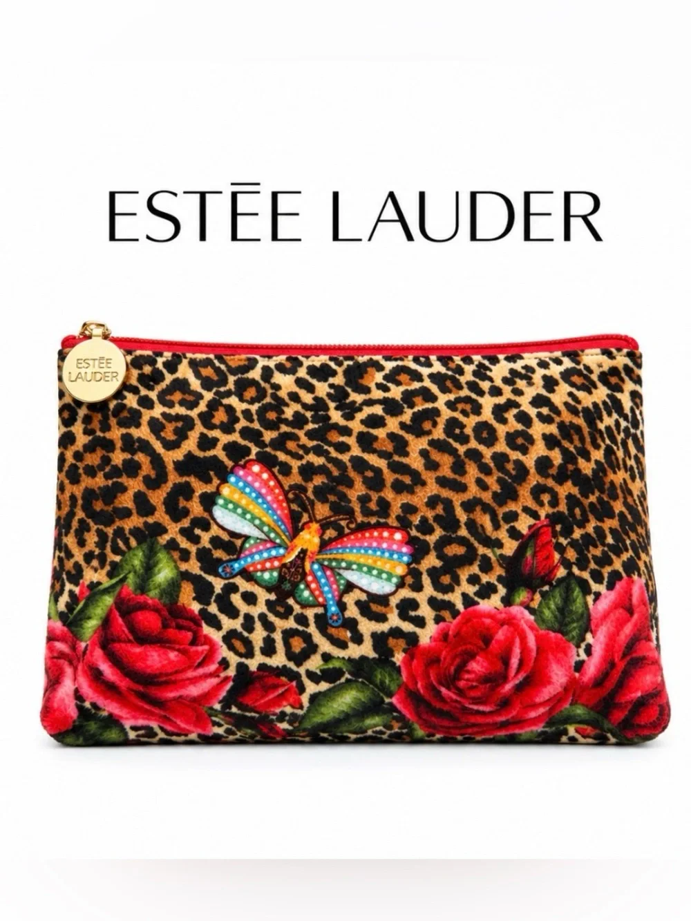 Estée Lauder Leopard Cosmetic Pouch with Red Roses & Multicolor Butterfly NWOT